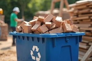 blue recycling bin overflows with bricks at construction site