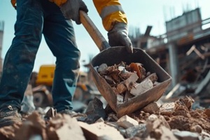 construction worker clearing debris from a construction site