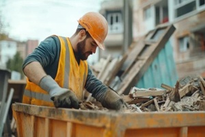 construction worker setting the trash