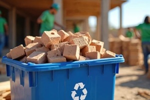 waste bricks in blue trash box