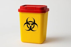 yellow medical sharps disposal container with biohazard symbol isolated