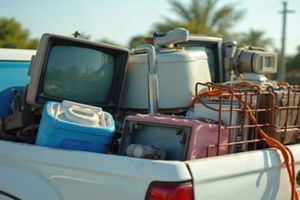 white pickup truck loaded with old, broken electronics and appliances