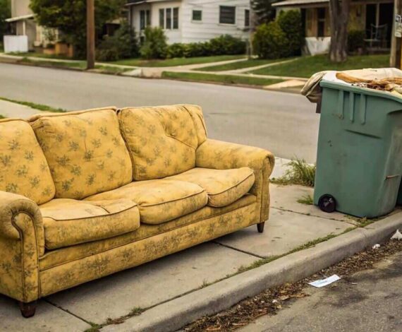 old yellow couch with cushions sits on a curb in residential area next to a recycling cart waiting for bulk waste hauler pickup on trash day