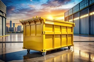 bright yellow industrial dumpster on wheels