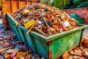 green dumpster with constrcution waste