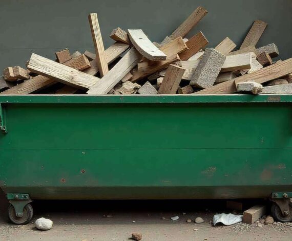 green dumpster filled with wooden planks and debris