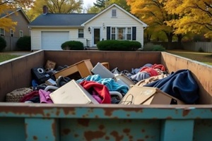 residential dumpster overflowing with household debris and discarded items sits in front of a suburban home during autumn