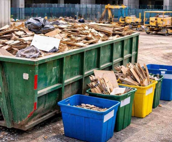 various size dumpsters near a construction building