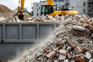 debris removal construction site excavator rubble waste disposal building renovation industrial machinery heavy equipment earthmoving recycling