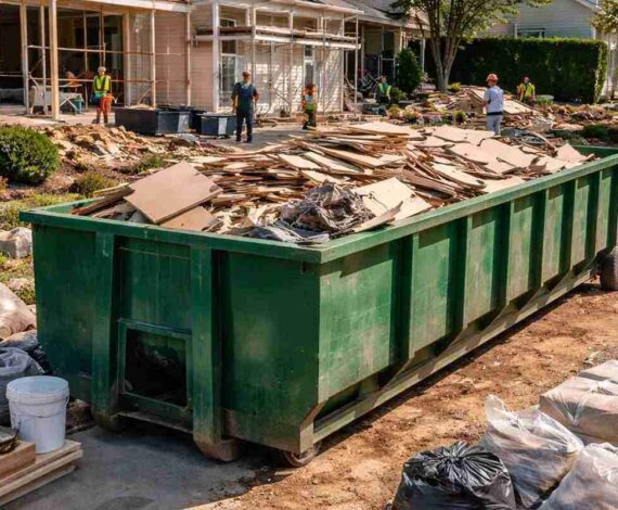 dumpster filled with house costruction waste