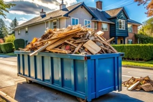 suburban driveway with long blue dumpster overflowing with wood and debris