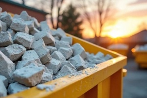 a large pile of concrete and debris fills a bin at sunset, symbolizing waste management and demolition cleanup