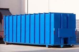 blue dumpster outside a home