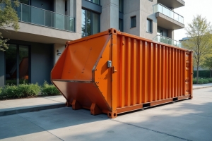 Orange Dumpster Parked on Sidewalk Near Apartment Building