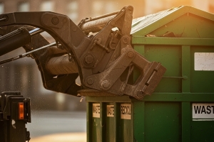 Trash Pickup Truck Arm Lifting Large Green Dumpster on Residential Street