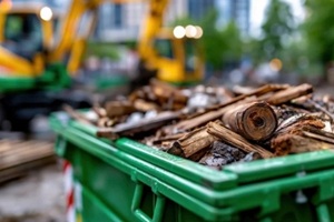 green dumpster at building site filled with construction waste, cleanup and disposal concept