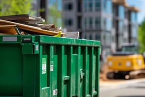 green industrial dumpster filled with construction debris on a sunny day for a waste disposal and construction site management concept