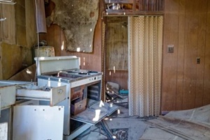sunlight through holes in the roof casts spots of light on the kitchen of an abandoned mining shack