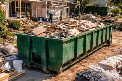 dumpster filled with house costruction waste