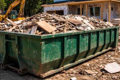 green dumpster at a construction site