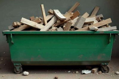 green dumpster filled with wooden planks and debris