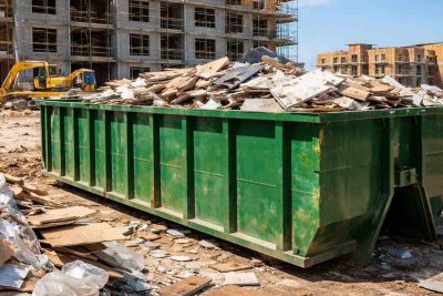 green dumpster in a construction site