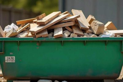 green dumpster overflowing with wooden construction waste outdoors