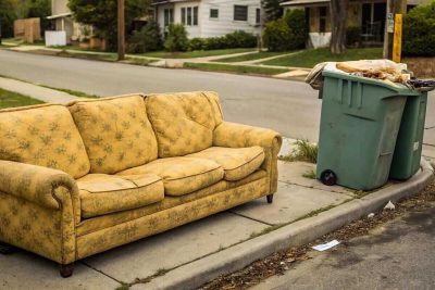 old yellow couch with cushions sits on a curb in residential area next to a recycling cart waiting for bulk waste hauler pickup on trash day